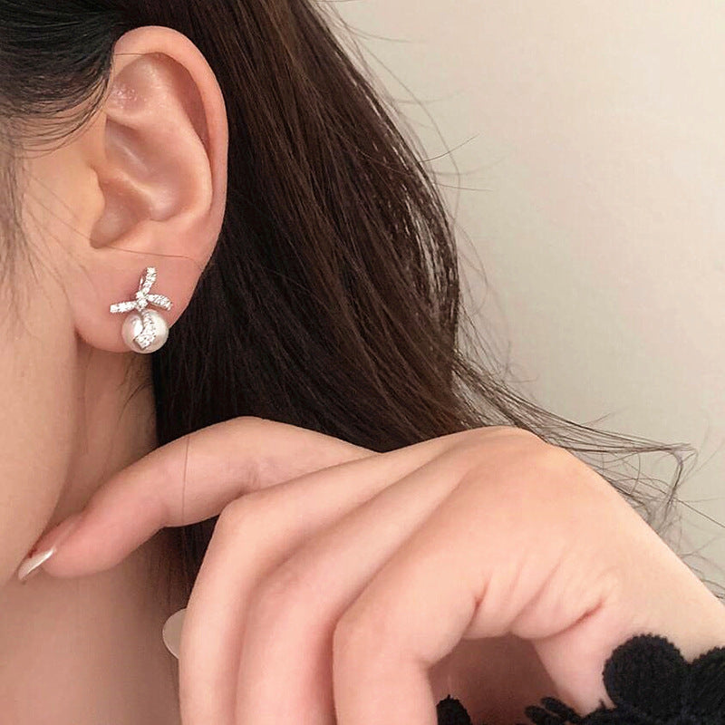 A2廠 韓國韓版鋯石珍珠蝴蝶結銀針耳環 批發 折扣@洽客服 25.11.W1「HE28946」