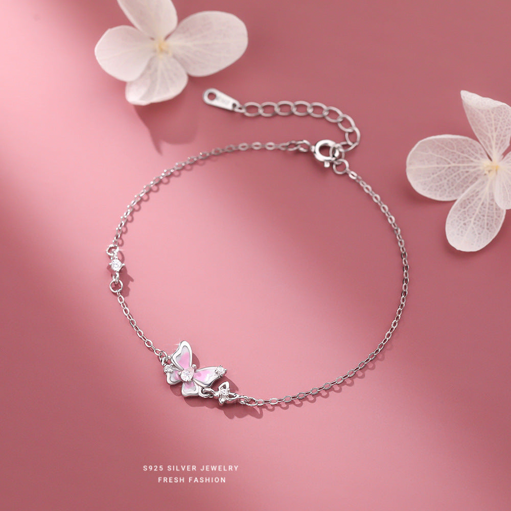 C廠 韓國韓版櫻花粉滴膠蝴蝶S925純銀手鍊 批發 折扣@洽客服 25.12.W3「L1238」