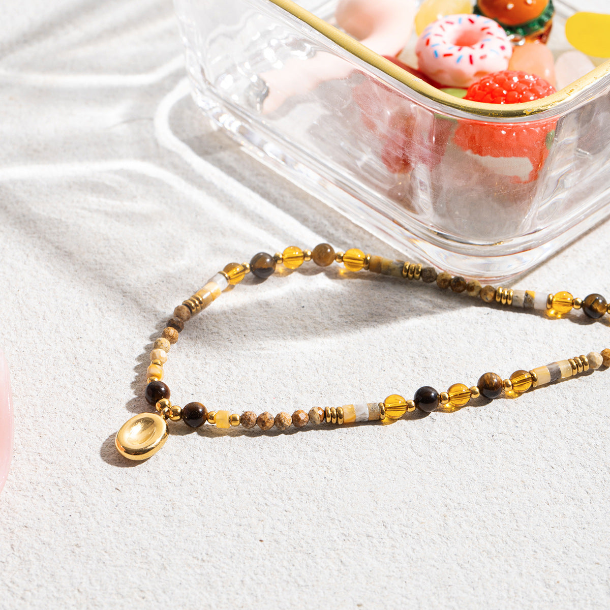 B廠 歐美款 虎眼石天然石玻璃水晶串珠 鈦鋼鍍18K金項鍊 批發 折扣@洽客服 25.10.W5「JDN0307008」