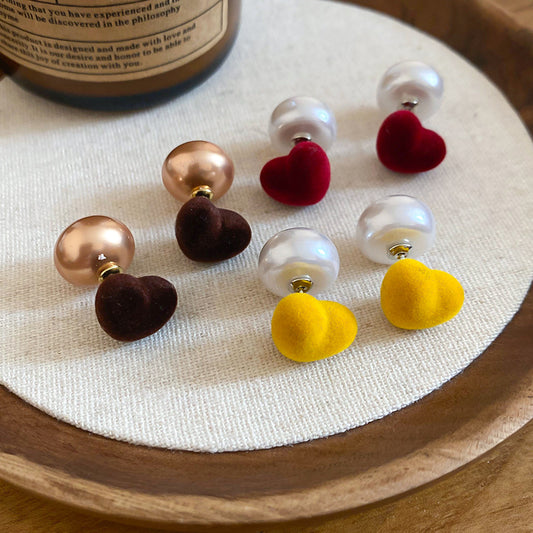 A2廠 韓國韓版植絨愛心珍珠前後搭配銀針耳環 批發 折扣@洽客服 25.12.W3「HE29439」