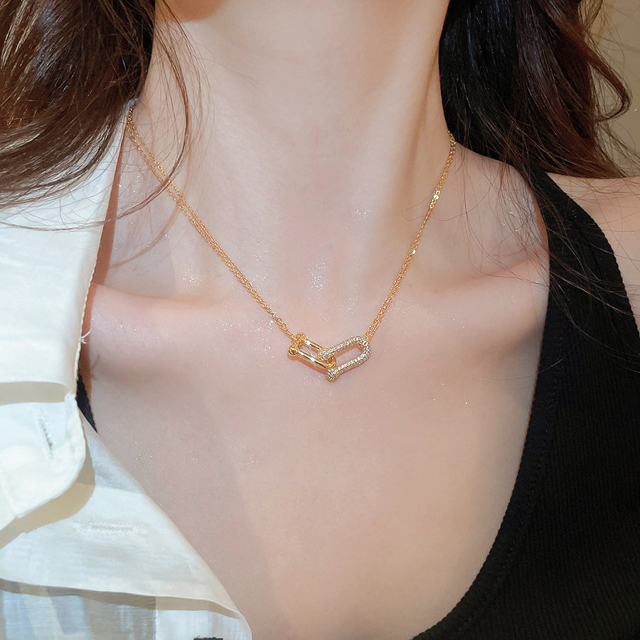 A2廠 韓國韓版簡約雙層鋯石馬蹄交叉項鍊批發 折扣@洽客服 26.03.W3「HN11327」