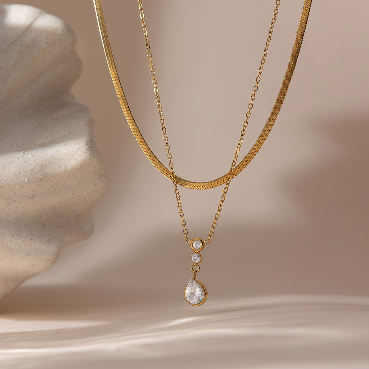 B廠 歐美款 水滴鋯石吊墜O字鏈雙層鈦鋼鍍18K金項鍊 批發 折扣@洽客服 26.03.W1「JDN0311126」