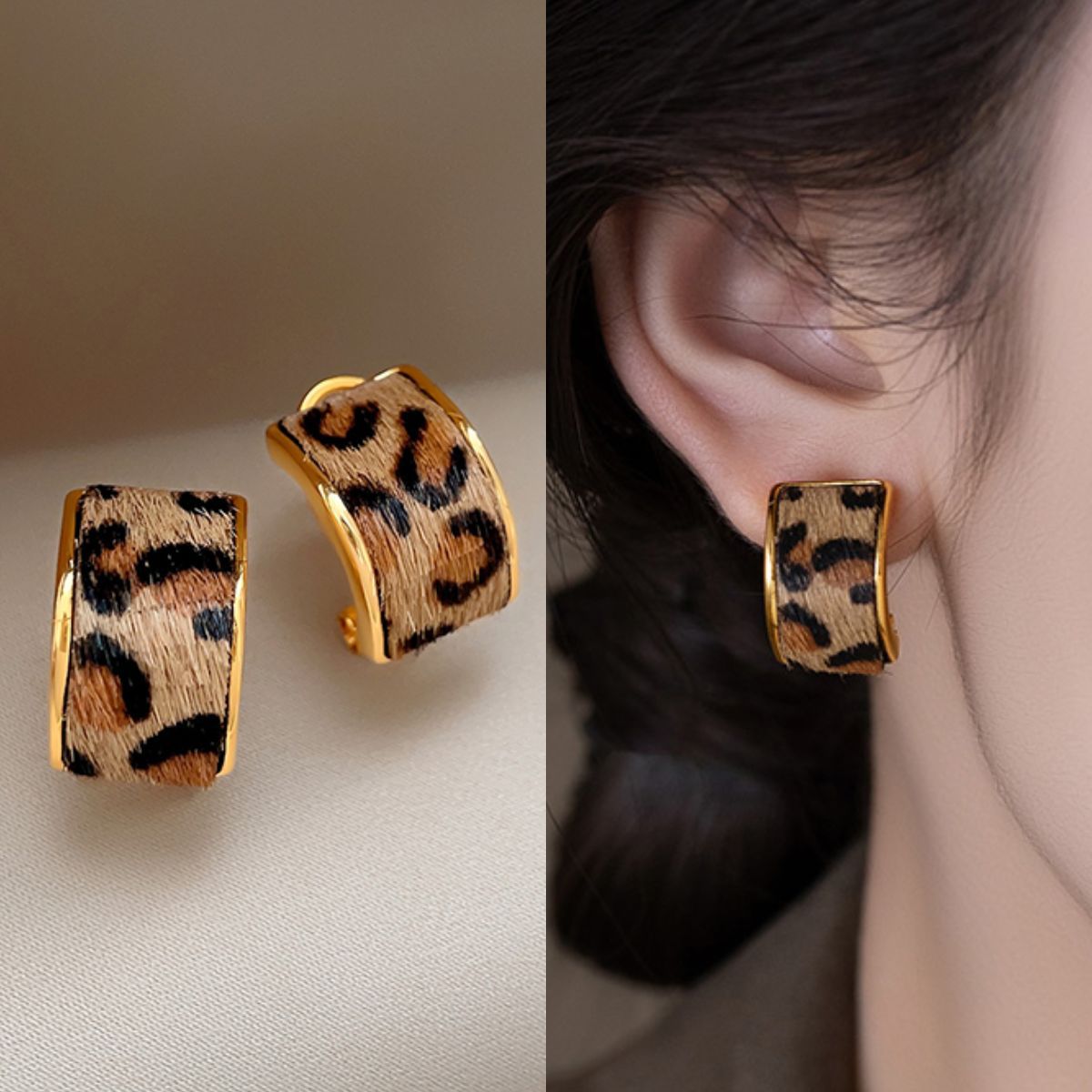 A2廠 日韓款仿馬毛豹紋幾何C型銀針耳環 批發 折扣@洽客服 25.11.W4「HE28964-1」