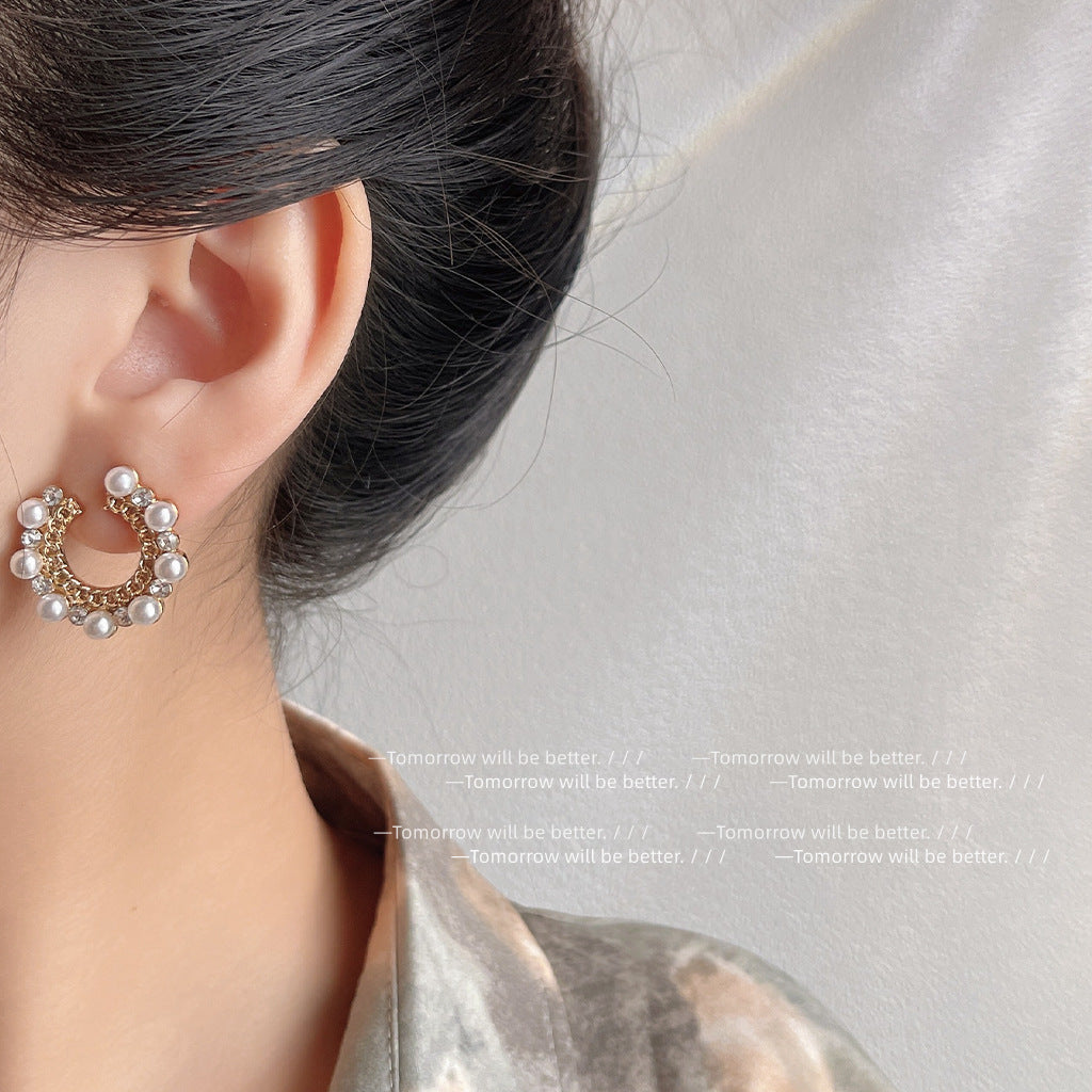 A廠 日韓款 C型幾何鑲珍珠電鍍14K銀針耳環 批發 折扣@洽客服 25.10.W5「1397」