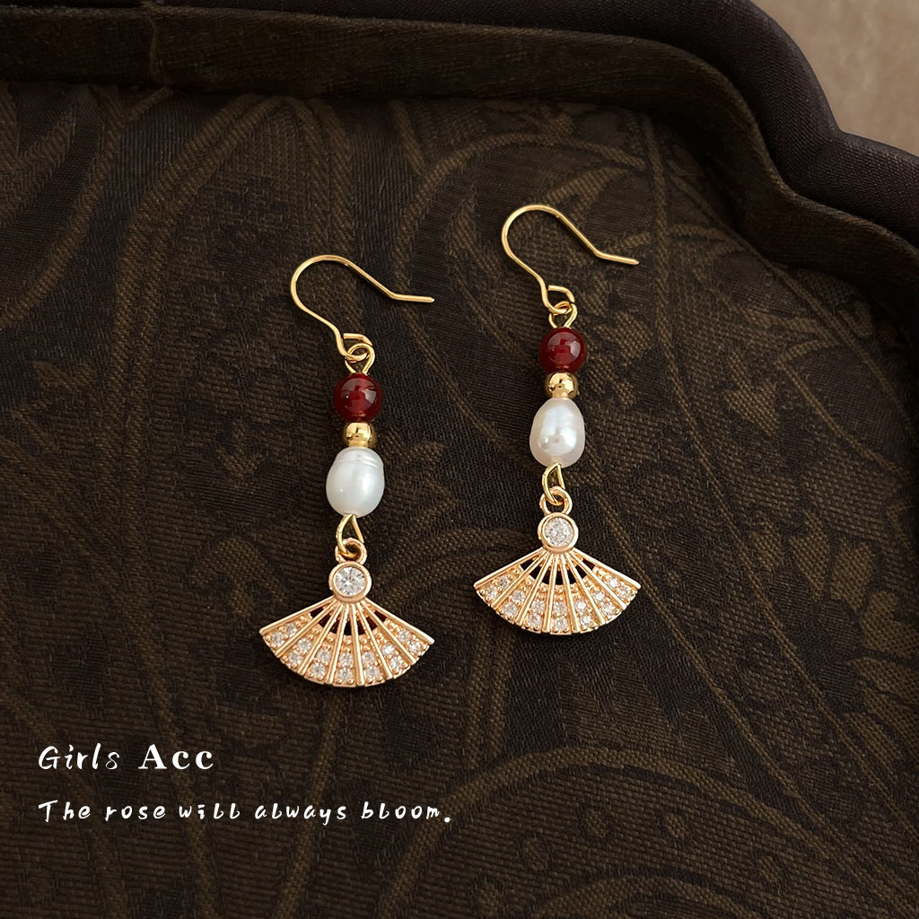 A廠 日韓款手作淡水珍珠紅瑪瑙扇形耳環 批發 折扣@洽客服 26.01.W1「7025」