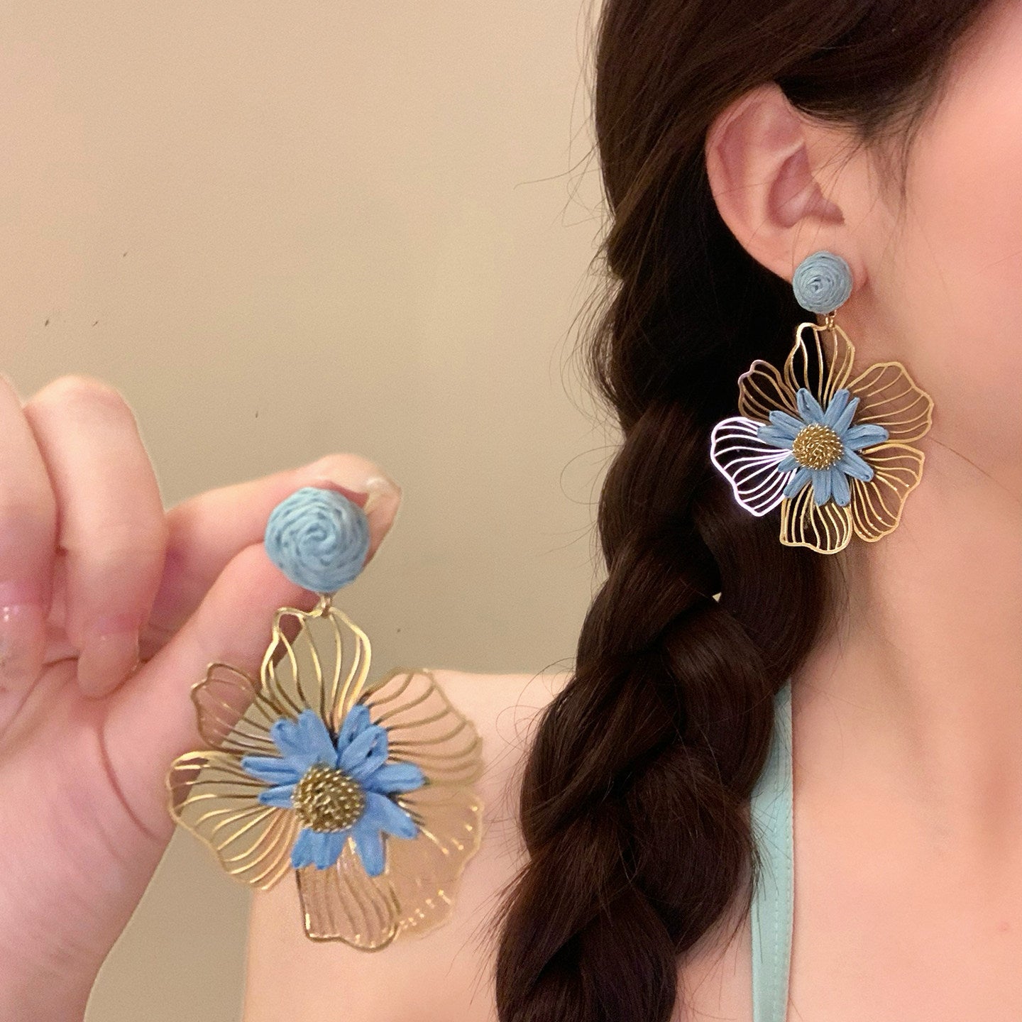 A2廠 韓國韓版金屬拉菲草鏤空花朵銀針耳環批發 折扣@洽客服 26.03.W3「HE30935」