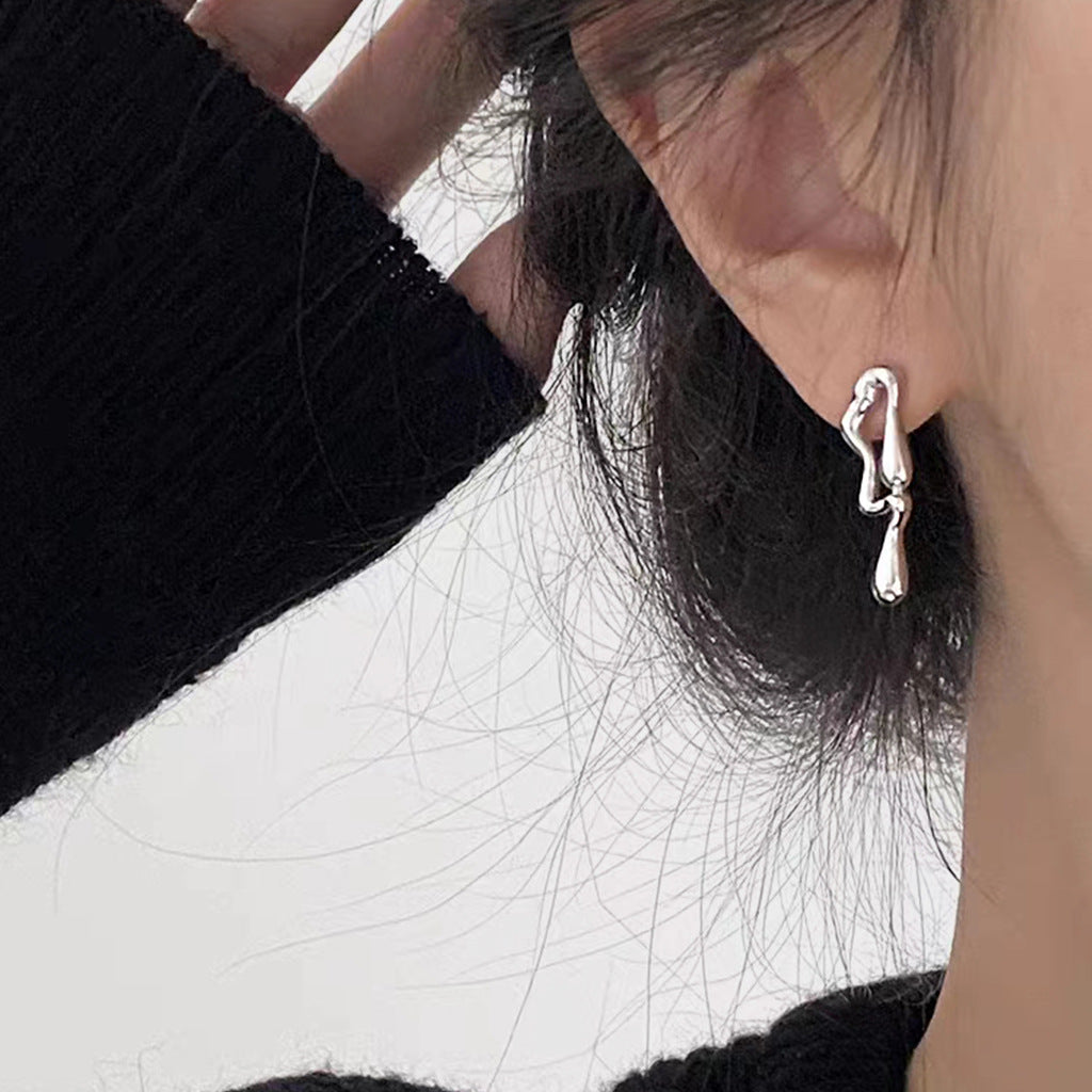 A廠 日韓款 金屬感液態水滴形銀針耳環 批發 折扣@洽客服 25.11.W2「2309」