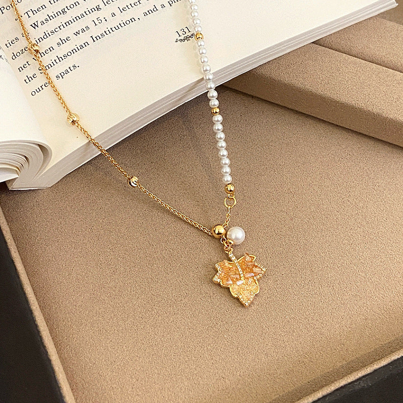 A2廠 韓國韓版鋯石楓葉珍珠串珠電鍍18K真金項鍊 批發 折扣@洽客服 25.11.W2「WN1854」