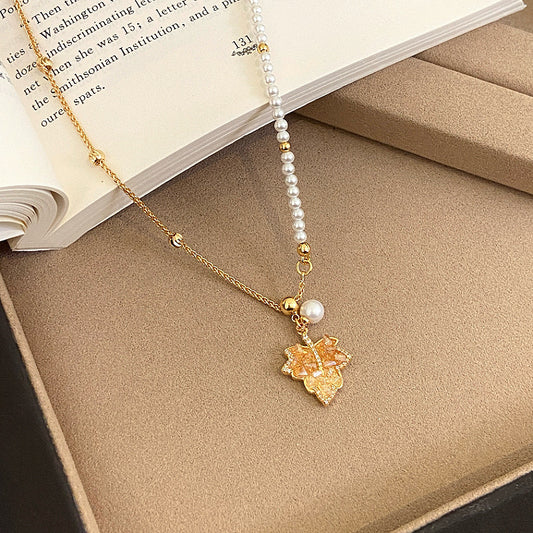 A2廠 韓國韓版鋯石楓葉珍珠串珠電鍍18K真金項鍊 批發 折扣@洽客服 25.11.W2「WN1854」