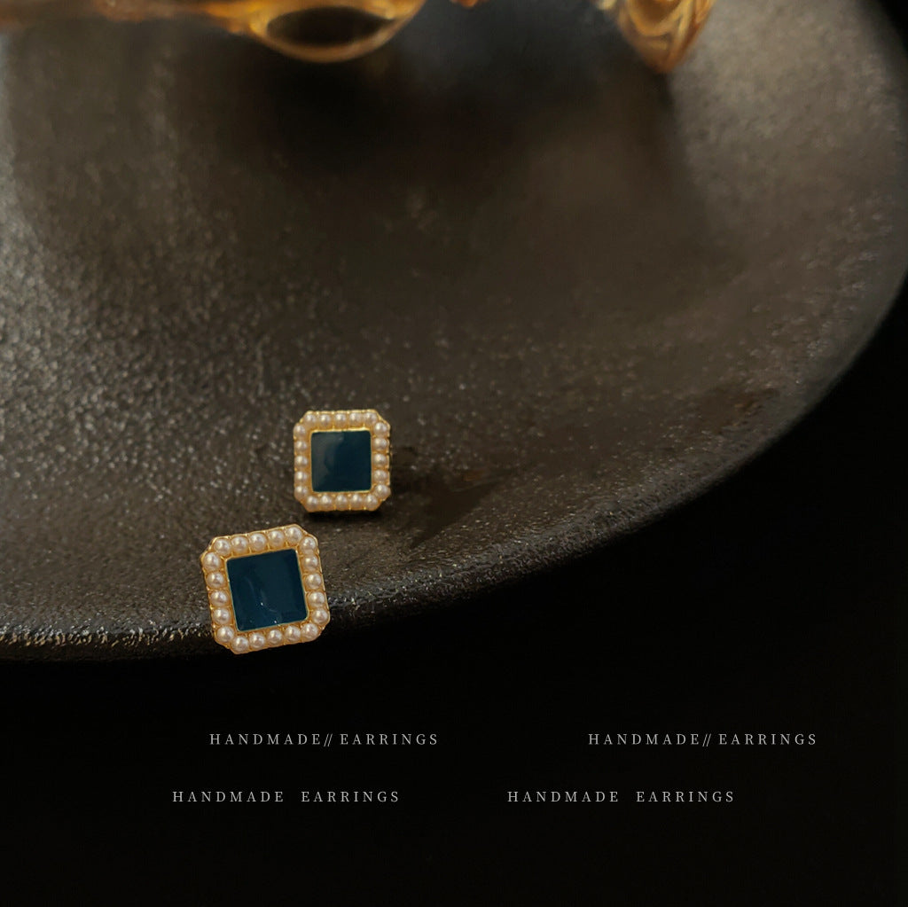 A廠 日韓款 復古珍珠滴油方形銀針耳環 批發 折扣@洽客服 25.10.W5「B-192-B-193」