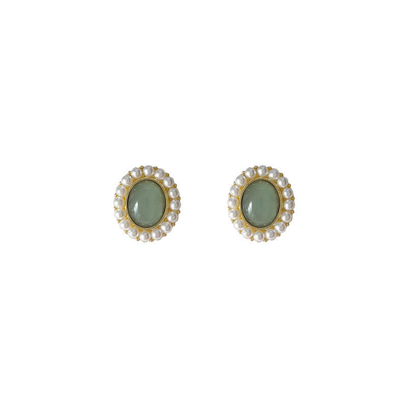 A廠 法式復古綠橢圓形珍珠銀針耳環「A106」 23.10.W1 批發折扣@洽客服