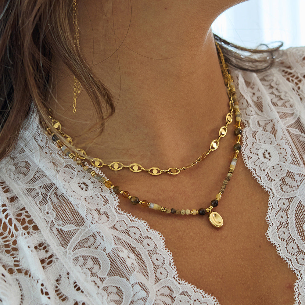 B廠 歐美款 虎眼石天然石玻璃水晶串珠 鈦鋼鍍18K金項鍊 批發 折扣@洽客服 25.10.W5「JDN0307008」