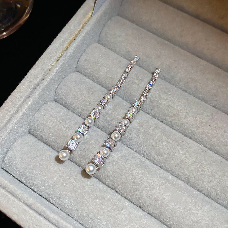 A2廠 韓國韓版超閃鋯石長珍珠流蘇銀針耳環 批發 折扣@洽客服 25.11.W1「HE24410」