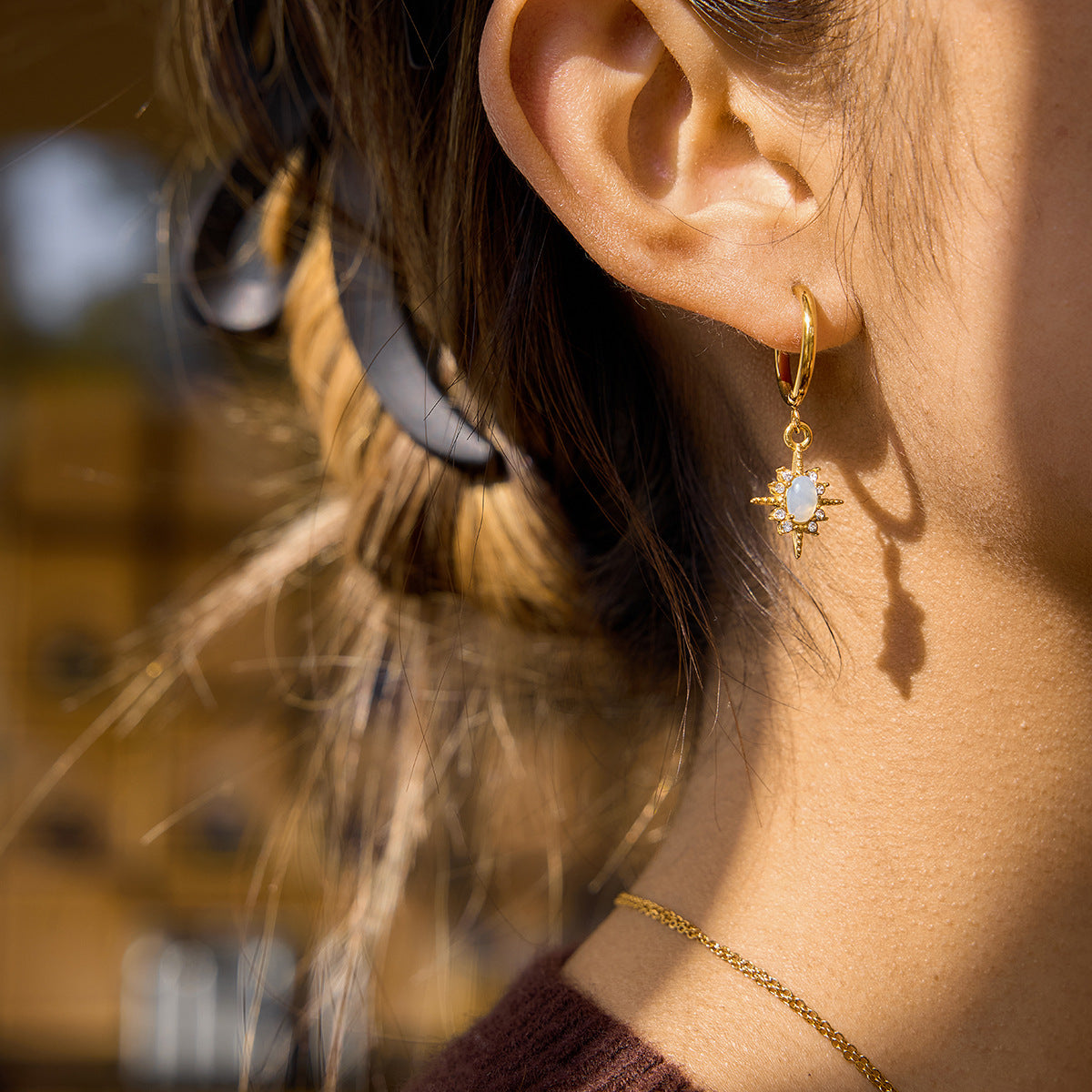 B廠 鈦鋼鍍18K金｜歐美芒星蛋白石水鑽耳環 批發 折扣@洽客服 26.01.W4「JDE0111239」