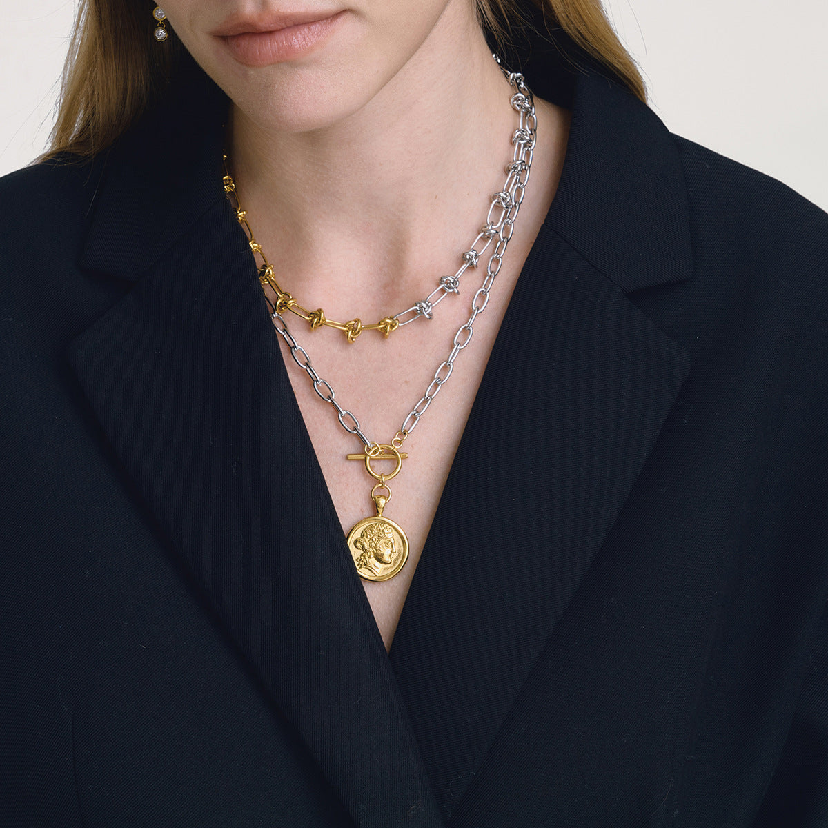 B廠 歐美款 金銀拼色打結鈦鋼鍍18K金項鍊 批發 折扣@洽客服 26.03.W1「JDN0302015-PS」