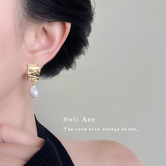 A廠 環保銅 ｜ 韓系系幾何褶皺天然巴洛克珍珠銀針耳環 批發 折扣@洽客服 26.01.W3「3035」