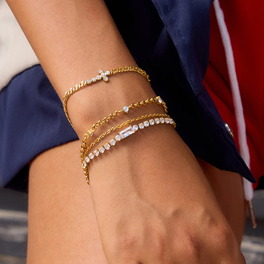 B廠 歐美款 圓形白色鋯石十字鏈 鈦鋼鍍18K金手鍊 批發 折扣@洽客服 25.10.W5「JDB0307032」