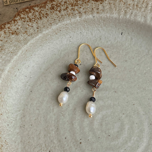 A廠 日韓手工款淡水珍珠虎眼石銀針耳環 批發 折扣@洽客服 25.12.W3「S266」