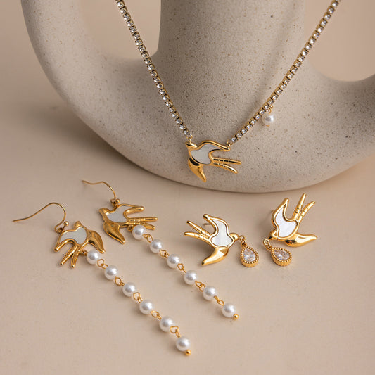 B廠 鈦鋼鍍18K金｜歐美仿珍珠和平鴿貝母耳環&項鍊 批發 折扣@洽客服 26.01.W4「JDN0211117,JDE0211107,JDE0211113」