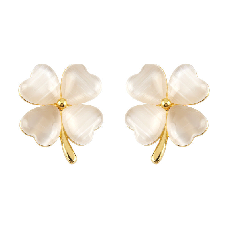 A廠 日韓款玻璃貓眼石四葉花銀針耳環批發 折扣@洽客服 26.04.W3「7316」