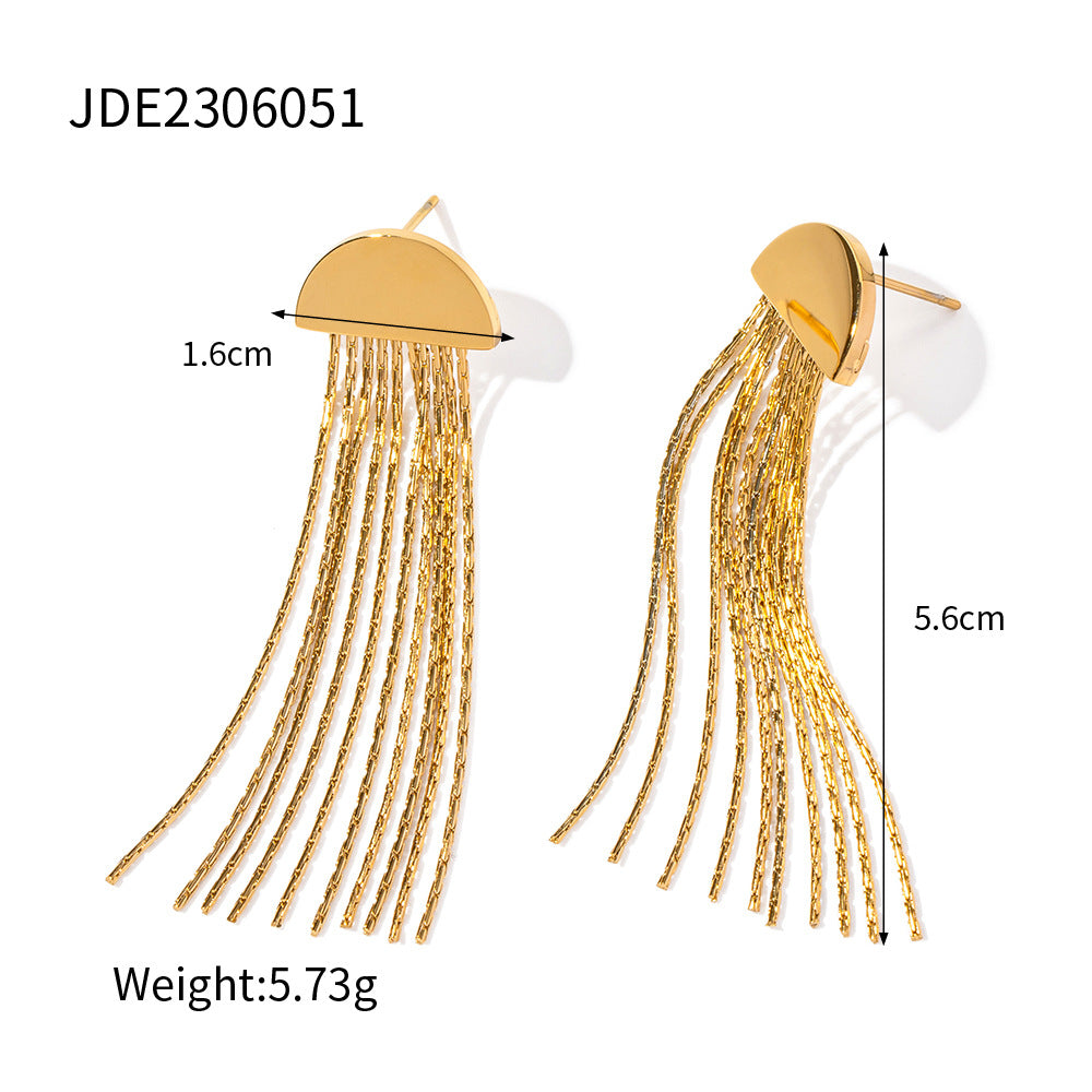 D廠【JDE2306051】歐美簡約16K金不銹鋼半圓形長條流蘇耳環 23.07.W3