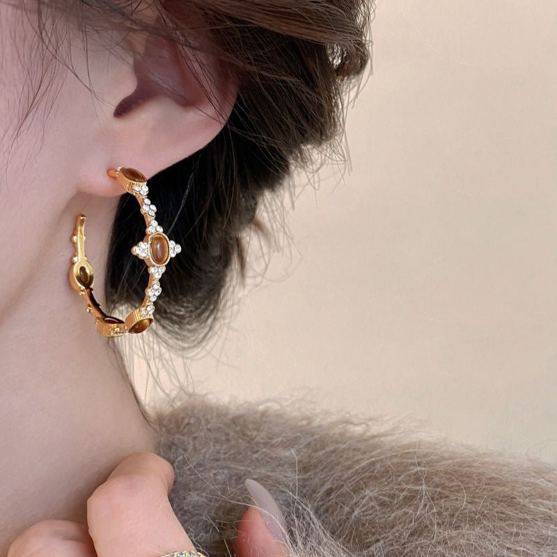 A2廠 韓國韓版虎眼石C型電鍍18k真金耳環  批發 折扣@洽客服 26.01.W1「HE29673」