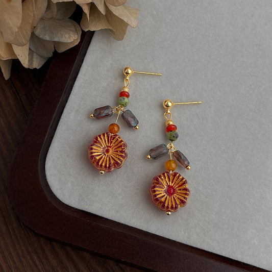 A廠 日韓手工款捷克琉璃撞色花朵銀針耳環 批發 折扣@洽客服 25.12.W3「6857」