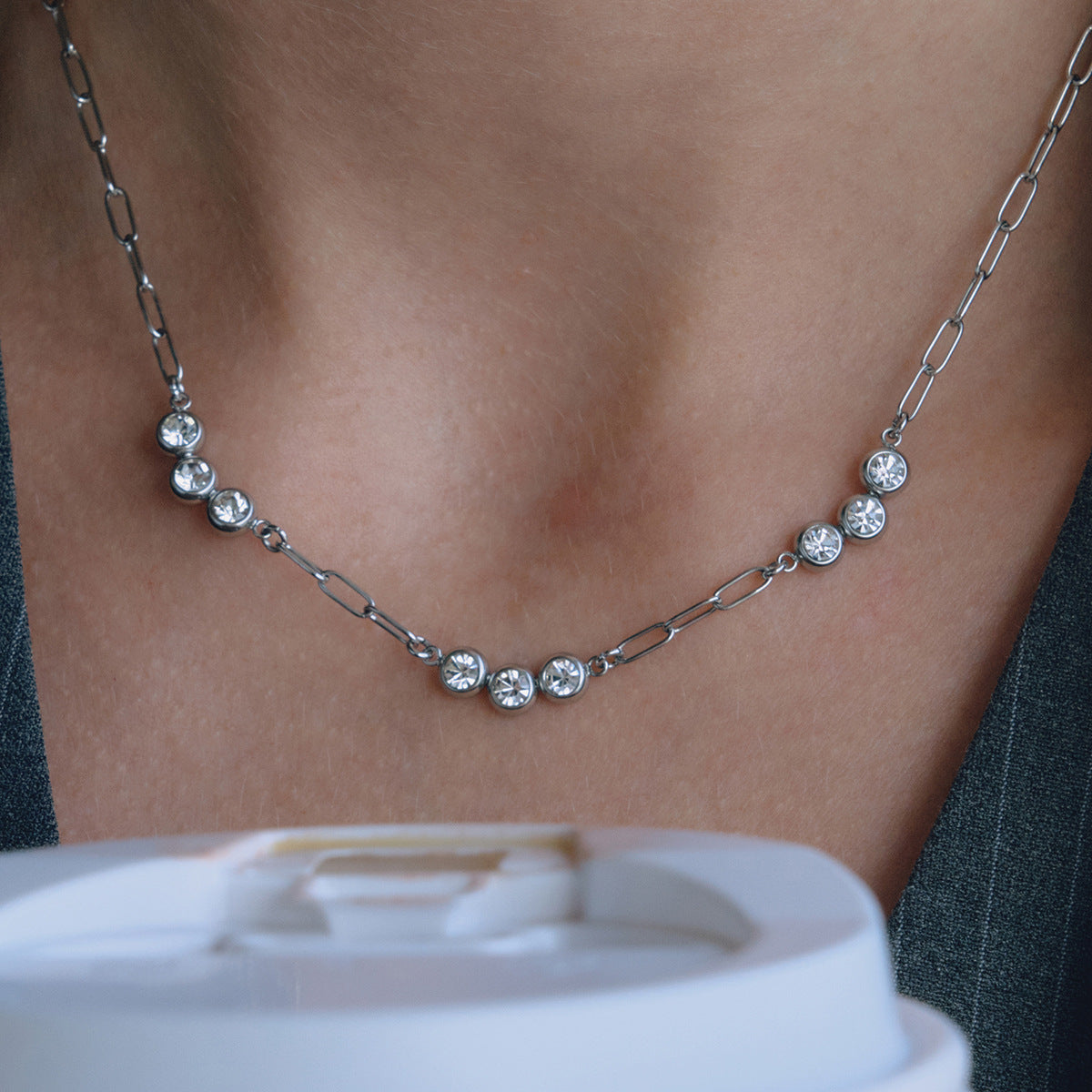 B廠 鈦鋼鍍18K金｜歐美白色鋯石回形針項鍊 批發 折扣@洽客服 26.01.W4「JDN0307038-S   JDN0307038」