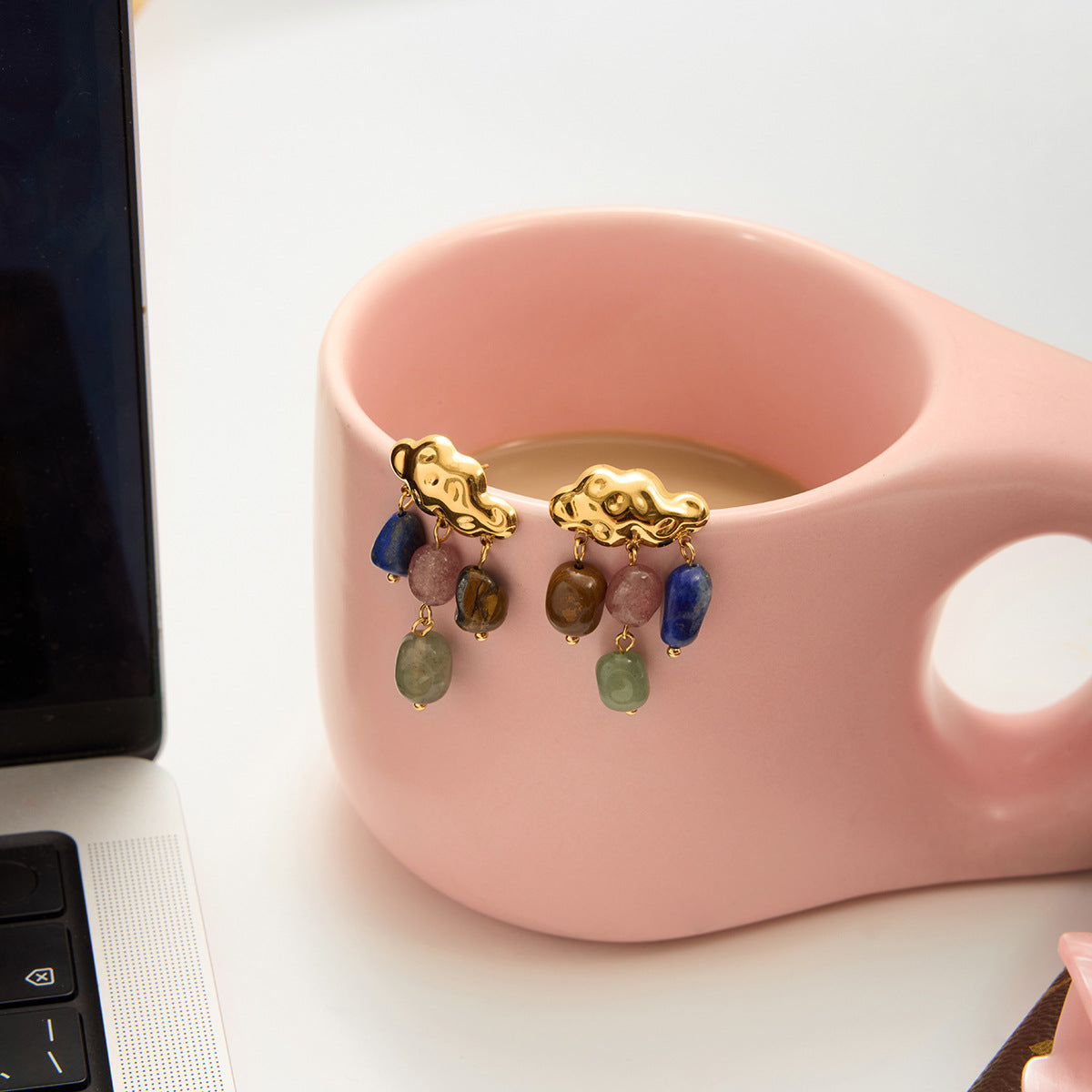 B廠 歐美款 復古彩色天然石 鈦鋼鍍18K金耳環 批發 折扣@洽客服 25.10.W5「JDE0207051」