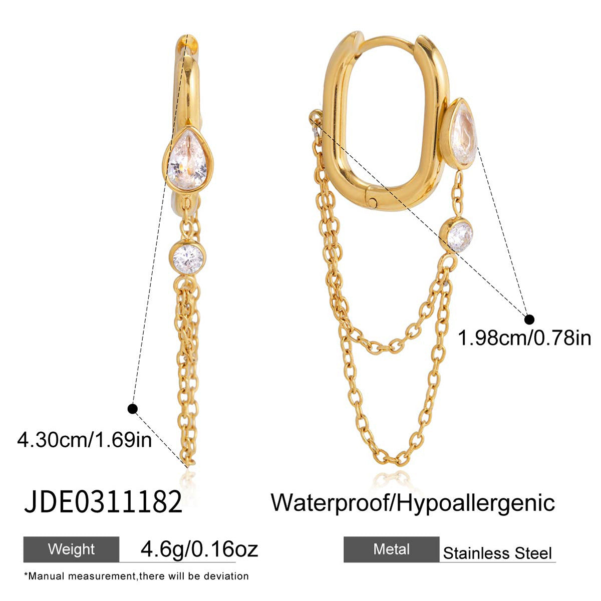 B廠 鈦鋼鍍18K金｜歐美水滴形鋯石鏈條耳環 批發 折扣@洽客服 26.01.W4「JDE0311182」