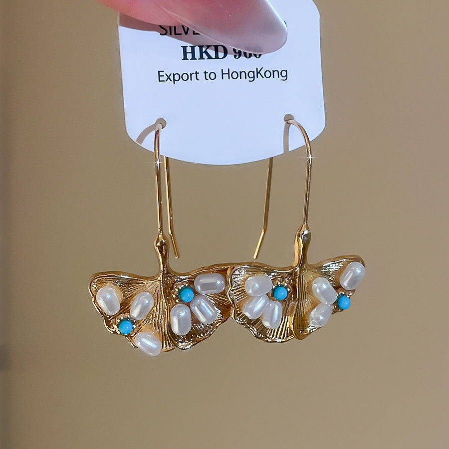 A2廠 韓國韓版復古銀杏葉珍珠銀針耳環 批發 折扣@洽客服 26.03.W1「HE30709」