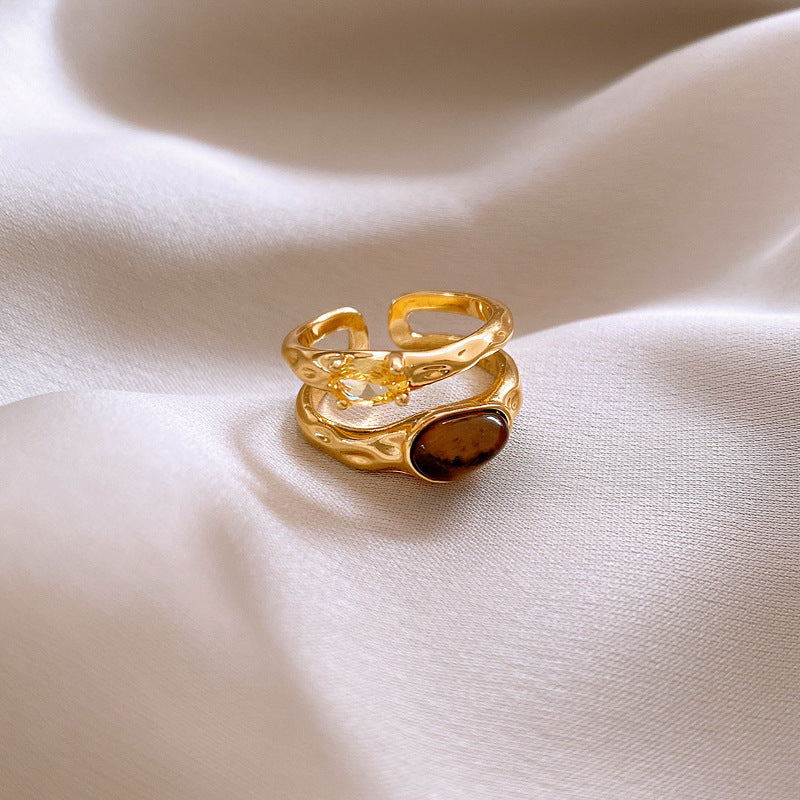 A2廠 韓國韓版鋯石虎眼石雙層電鍍18k真金開口戒指 批發 折扣@洽客服 25.10.W3「HR2343」