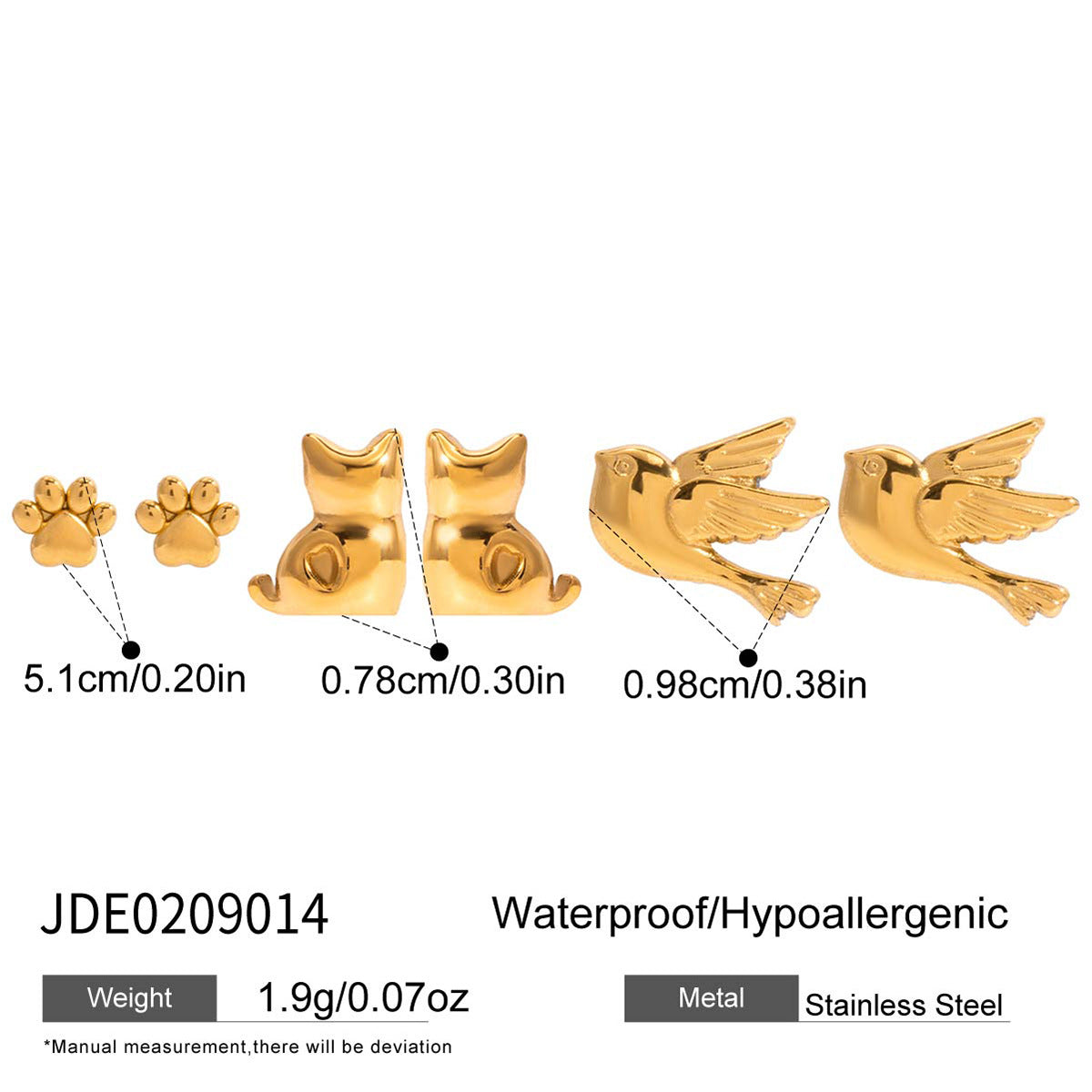B廠 歐美款 貓爪小鳥鈦鋼鍍18K金耳環-3對1組 批發 折扣@洽客服 25.12.W1 「JDE0209014」