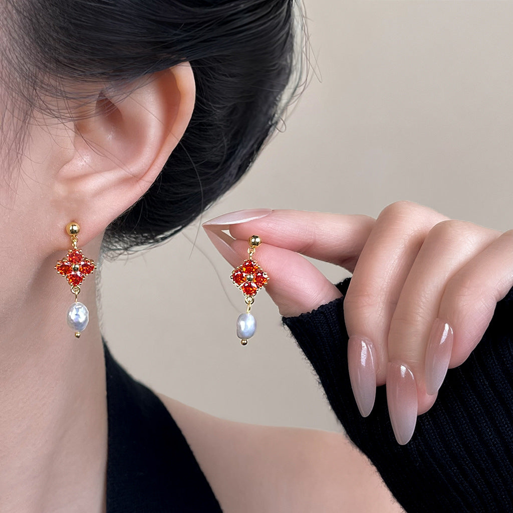 A廠 韓系款輕奢重工紅鋯石淡水珍珠銀針銀針耳環 批發 折扣@洽客服 25.12.W2「6917」