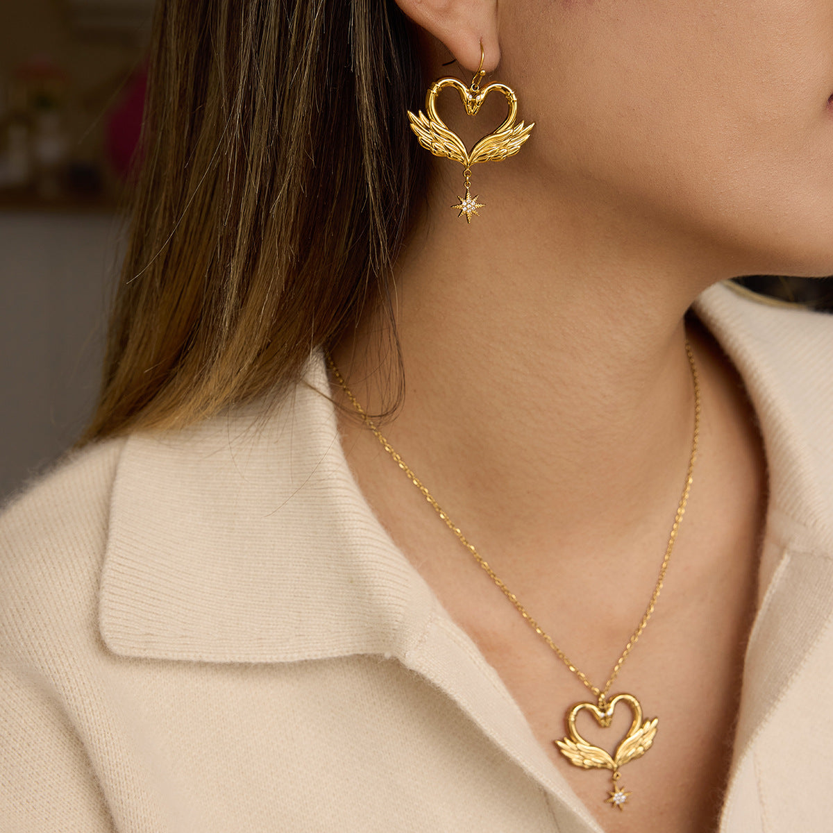 B廠 鈦鋼鍍18K金｜ 天鵝耳環 &項鍊 批發 折扣@洽客服 26.01.W2「JDE0211100」