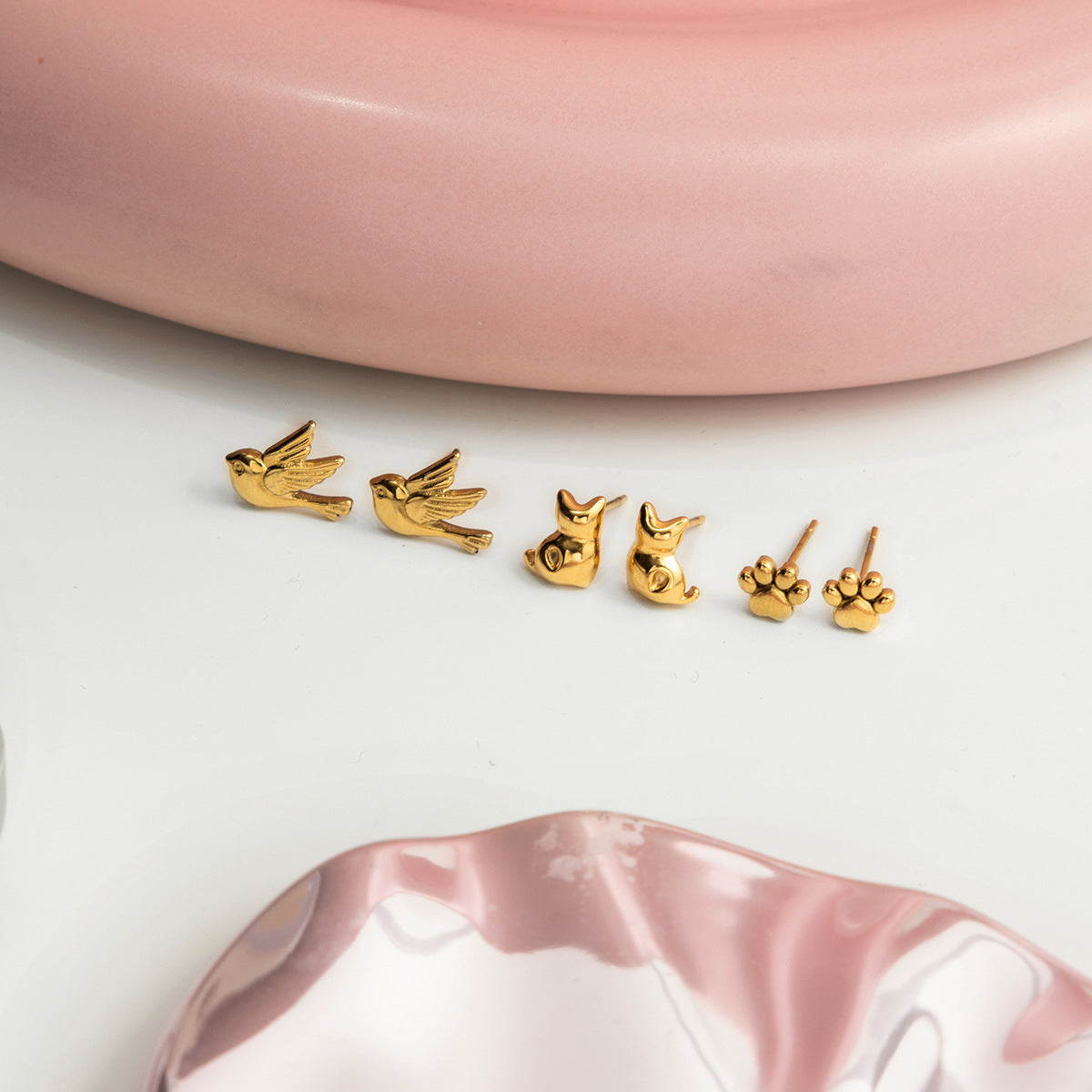 B廠 歐美款 貓爪小鳥鈦鋼鍍18K金耳環-3對1組 批發 折扣@洽客服 25.12.W1 「JDE0209014」