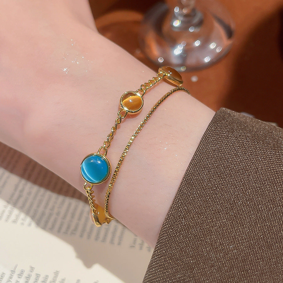 A2廠 韓國韓版貓眼石圓形雙層電鍍18k真金手鍊 批發 折扣@洽客服 25.10.W3「WB1617」