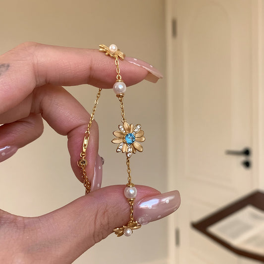 A2廠 韓國韓版雛菊珍珠銅電鍍18K真金手鍊批發 折扣@洽客服 26.03.W4「HB5325」