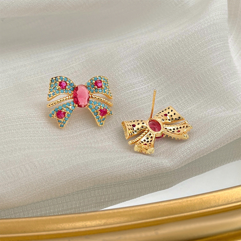 A廠 韓系復古彩寶蝴蝶結銀針耳環批發 折扣@洽客服 26.09.W1「6234」
