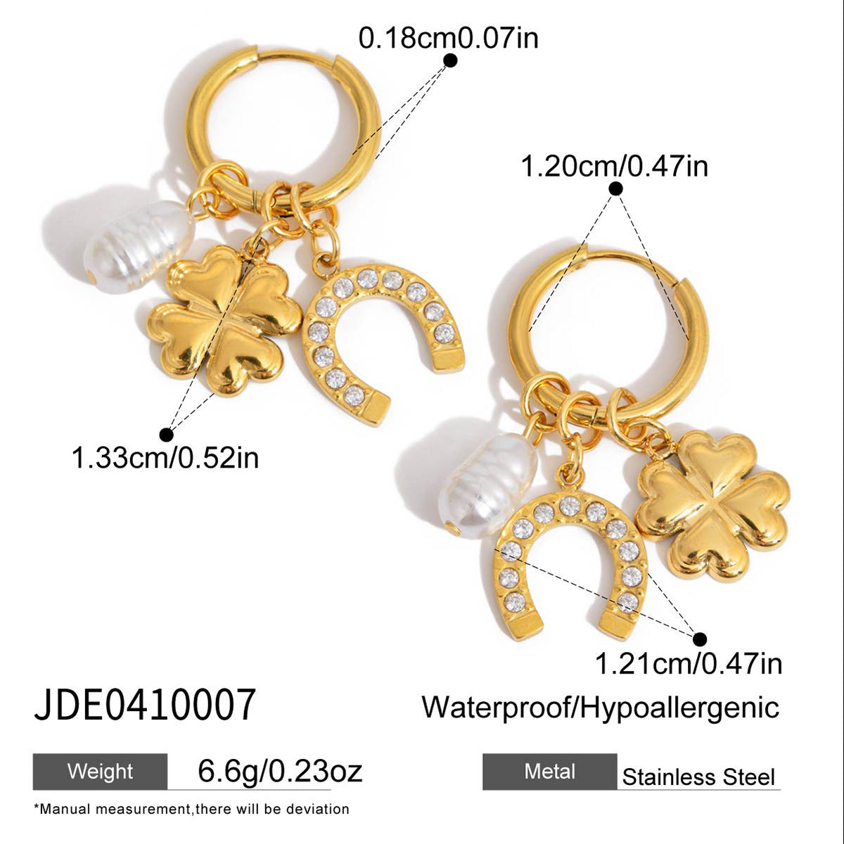 B廠 鈦鋼鍍18K金｜ 珍珠四葉草馬蹄耳環 批發 折扣@洽客服 26.01.W2「JDE0410007」