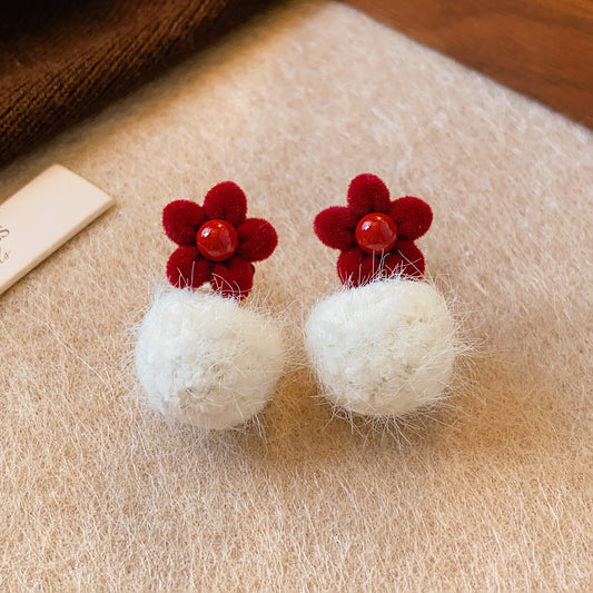 A2廠 韓國韓版植絨花朵毛球珍珠銀針耳環 批發 折扣@洽客服 25.12.W1「HE29467」