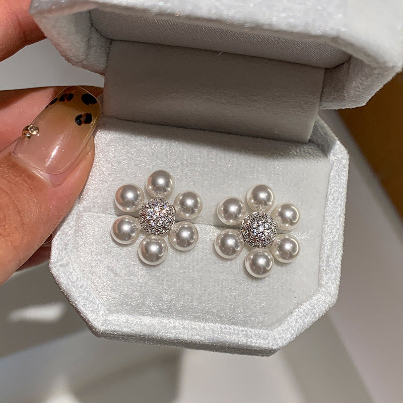 A2廠 韓國韓版鋯石花朵珍珠銀針耳環 批發 折扣@洽客服 25.11.W2「WE5076」