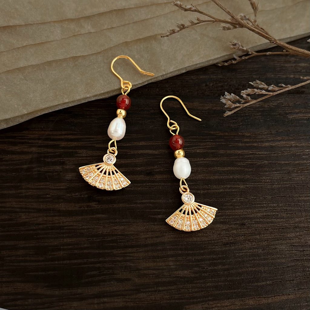 A廠 日韓款手作淡水珍珠紅瑪瑙扇形耳環 批發 折扣@洽客服 26.01.W1「7025」