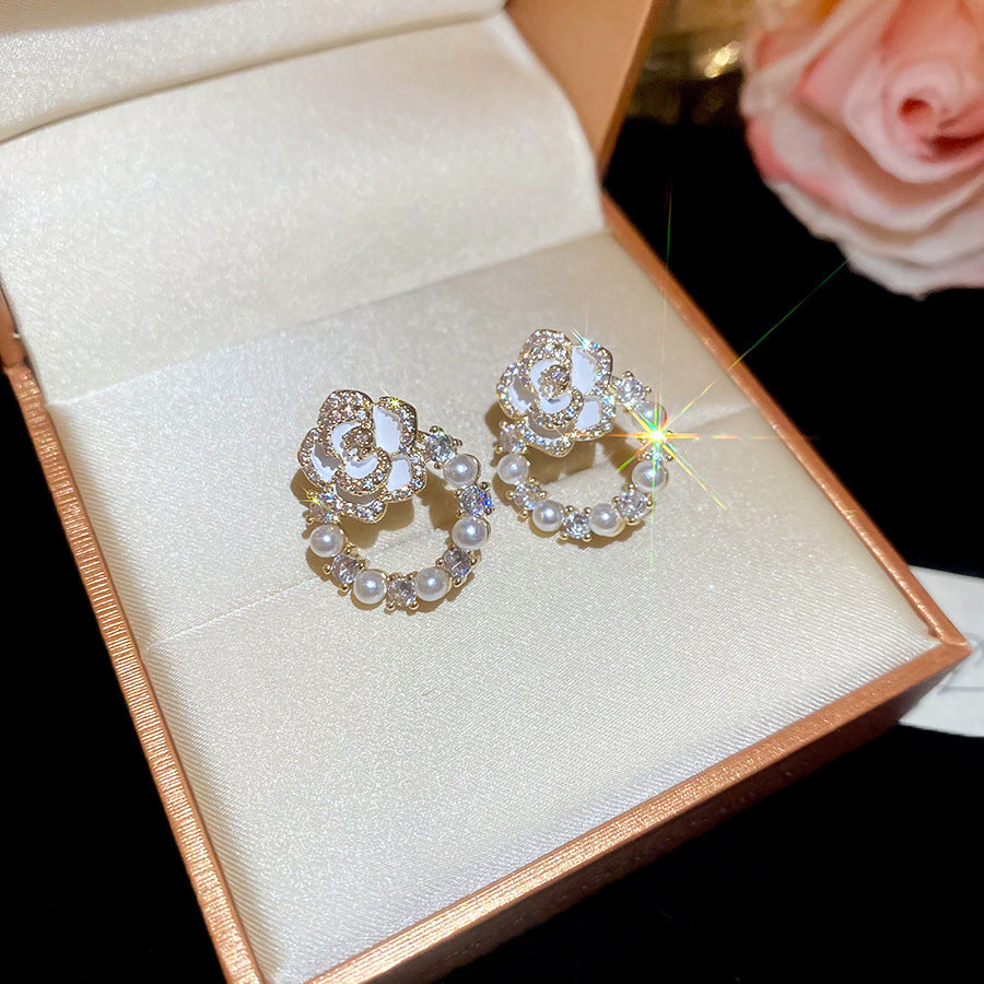 A2廠 韓國韓版鋯石滴油花珍珠銀針耳環 批發 折扣@洽客服 25.12.W4「HE26522」