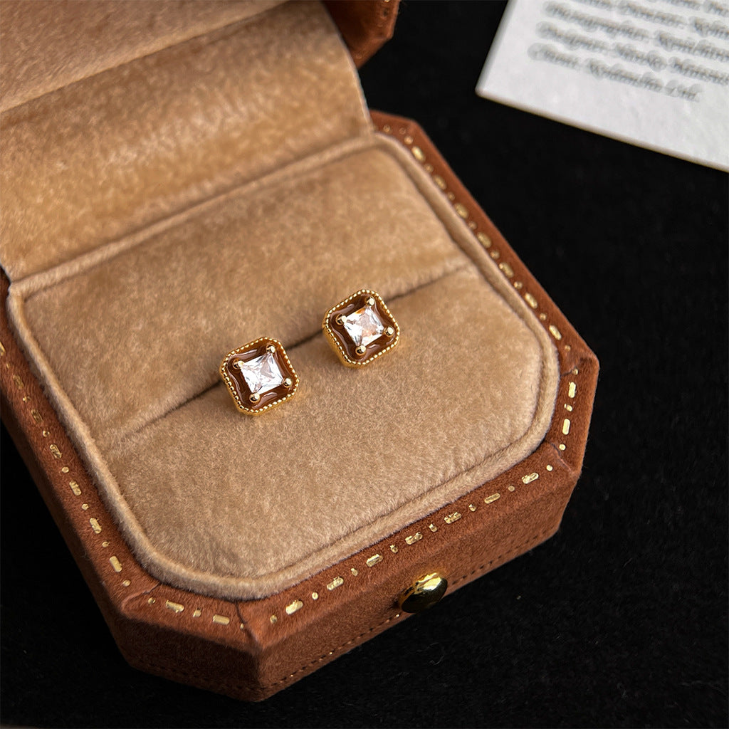 A廠 銅鍍金｜日韓款棕色滴釉方糖鋯石銀針耳環 批發 折扣@洽客服 26.02.W3「7112」