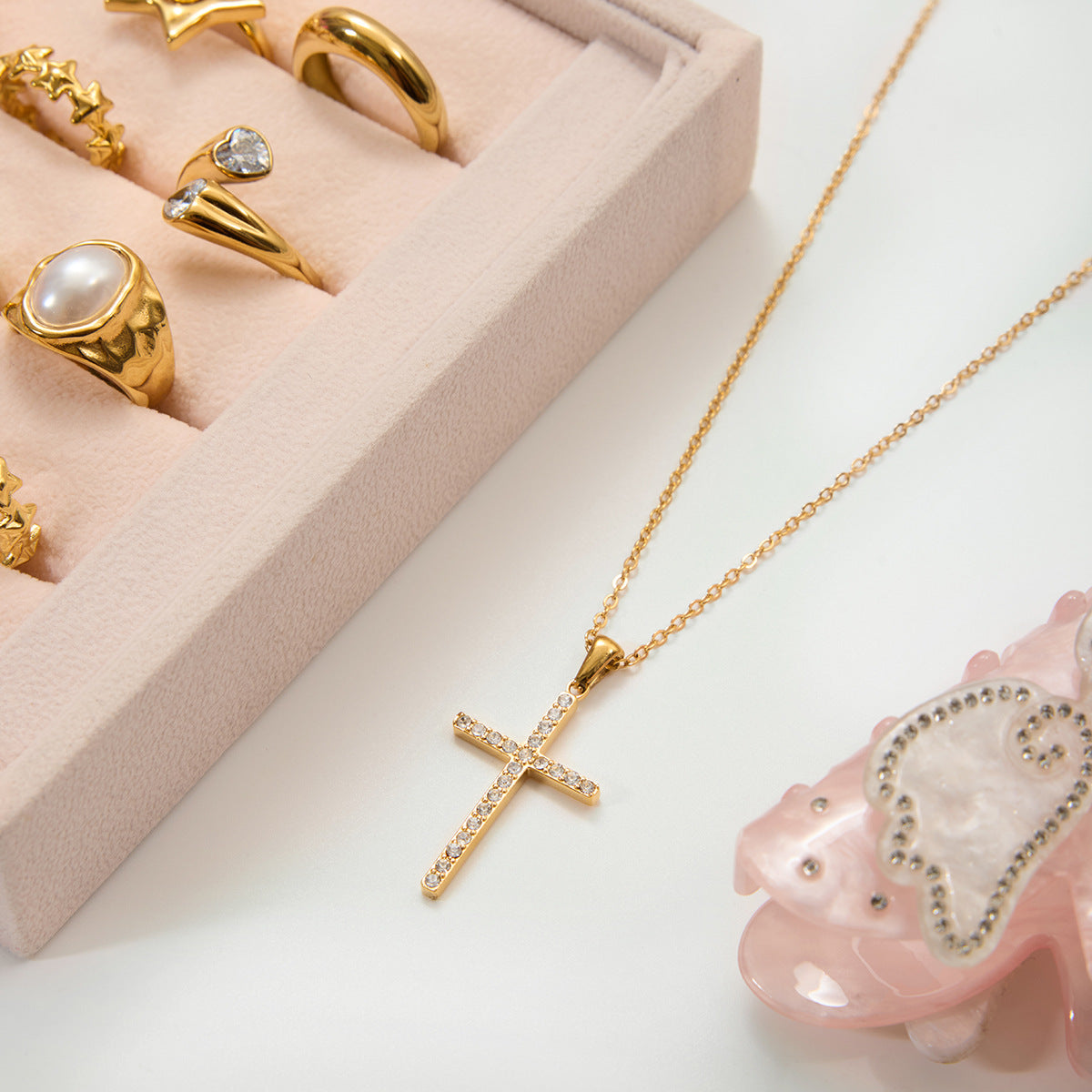 B廠 歐美款 十字鋯石吊墜 鈦鋼鍍18K金項鍊 批發 折扣@洽客服 25.10.W5「JDN0307034」