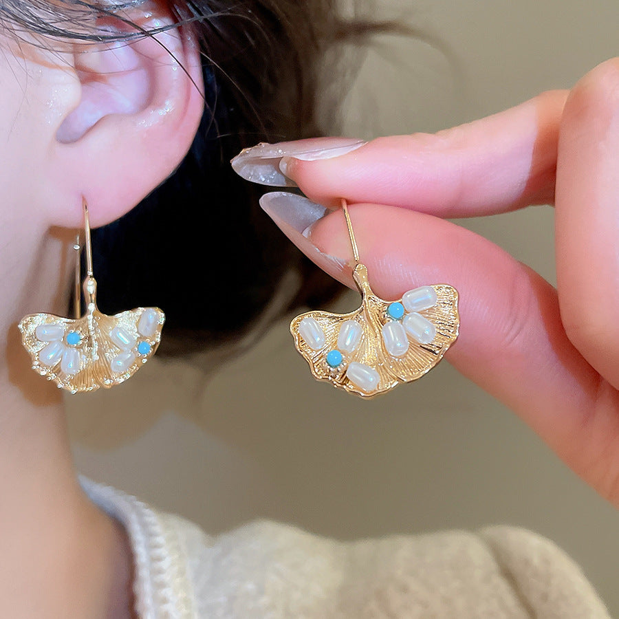 A2廠 韓國韓版復古銀杏葉珍珠銀針耳環 批發 折扣@洽客服 26.03.W1「HE30709」