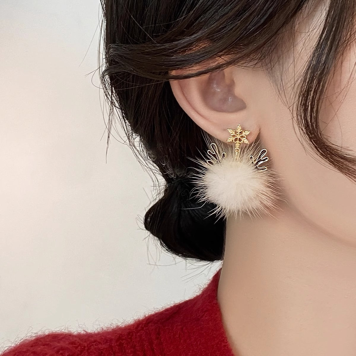 A2廠 日韓款滴油雪花鹿角毛球銀針耳環 批發 折扣@洽客服 25.11.W4「HE23942」