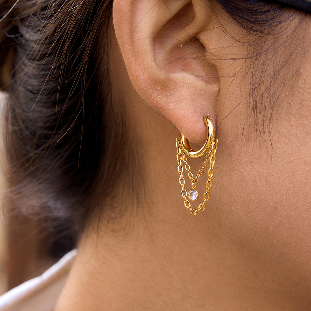 B廠 鈦鋼鍍18K金｜ 圓形鋯石鏈耳環 批發 折扣@洽客服 26.01.W2「JDE0311107」