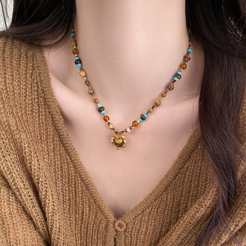 A2廠 韓國韓版波西米亞愛心石頭串珠鈦鋼項鍊 批發 折扣@洽客服 25.11.W3「WN1592」